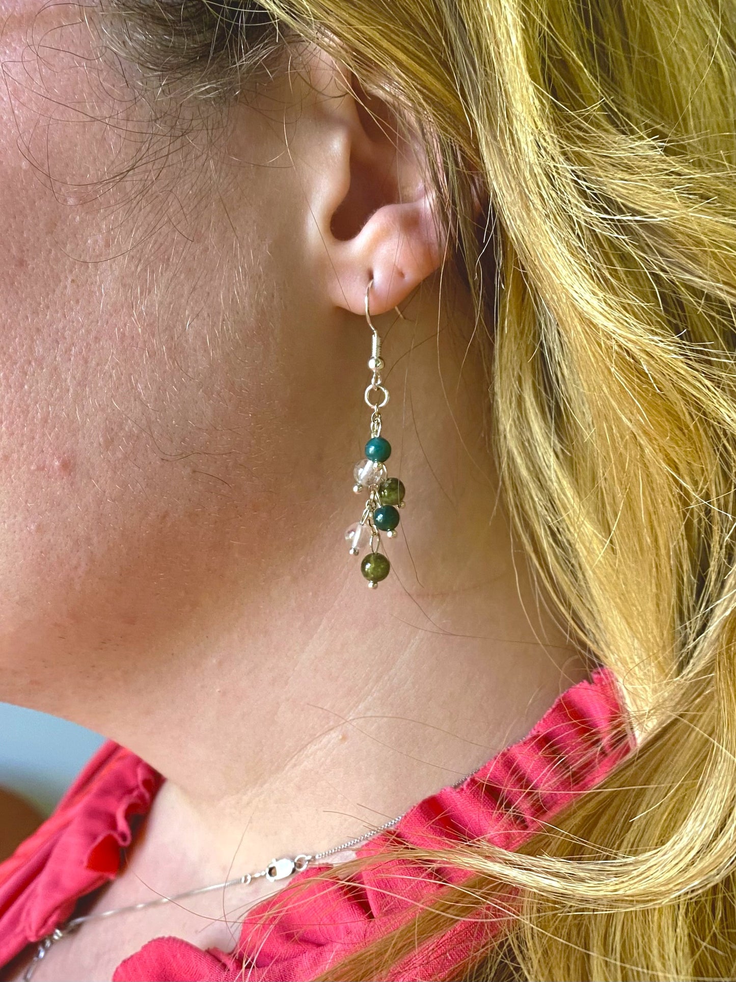 Moss Agate, Green Garnet, and Quartz Fairy Lights Earrings