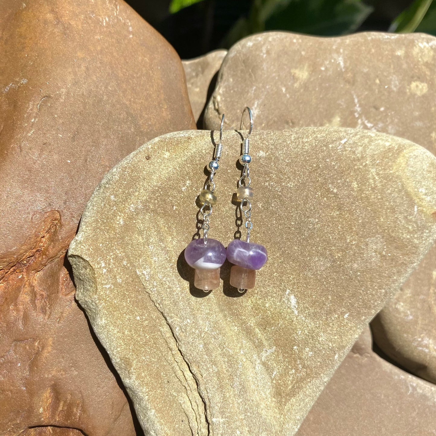 Quartz and Amethyst Mushroom Earrings