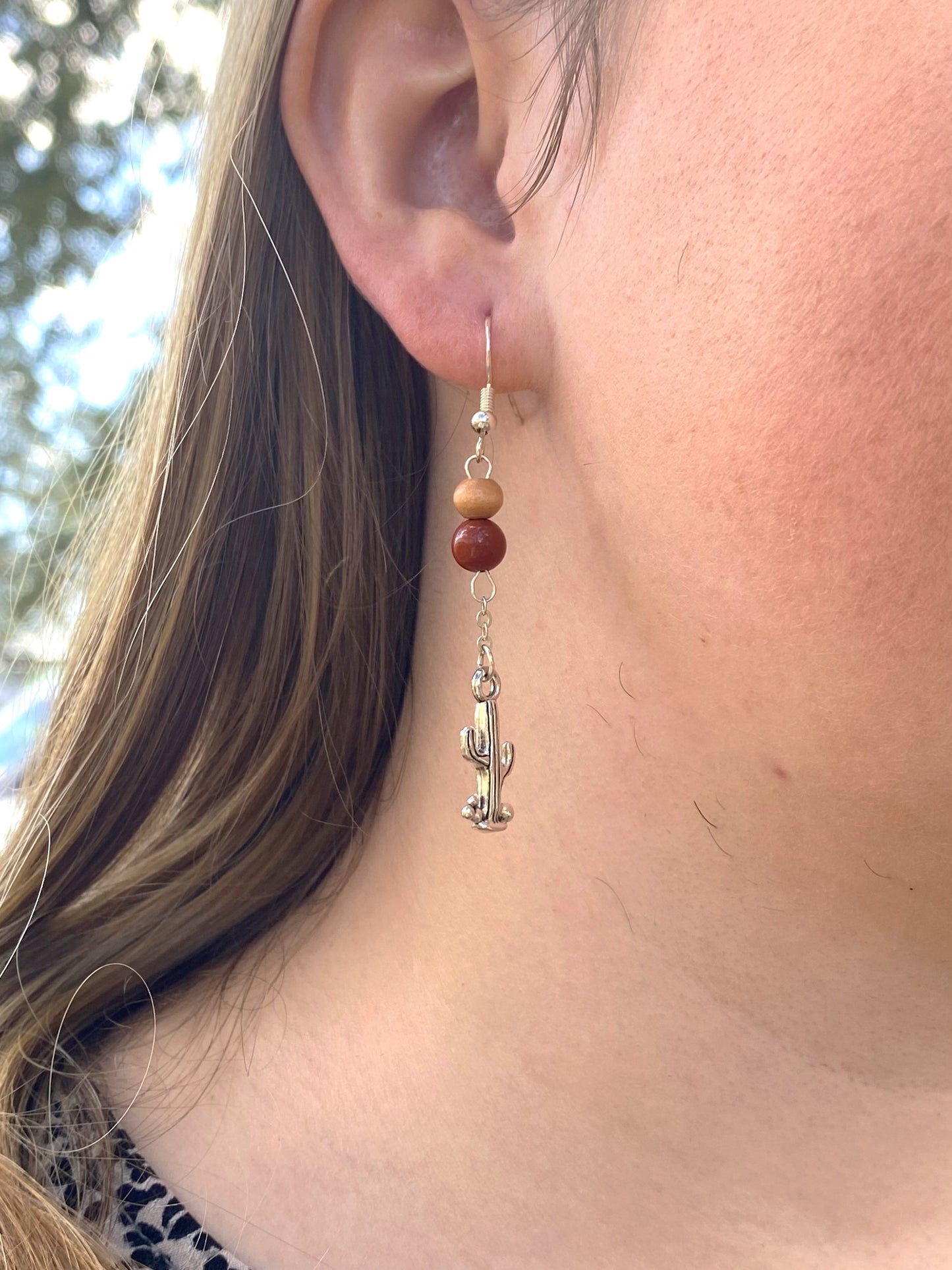 Red Jasper Raindrop Earrings with Cactus Pendant