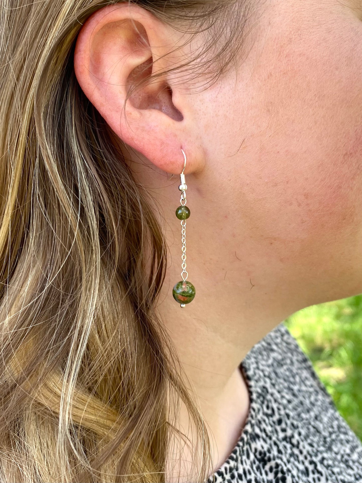 Green Garnet and Unakite Raindrop Earrings