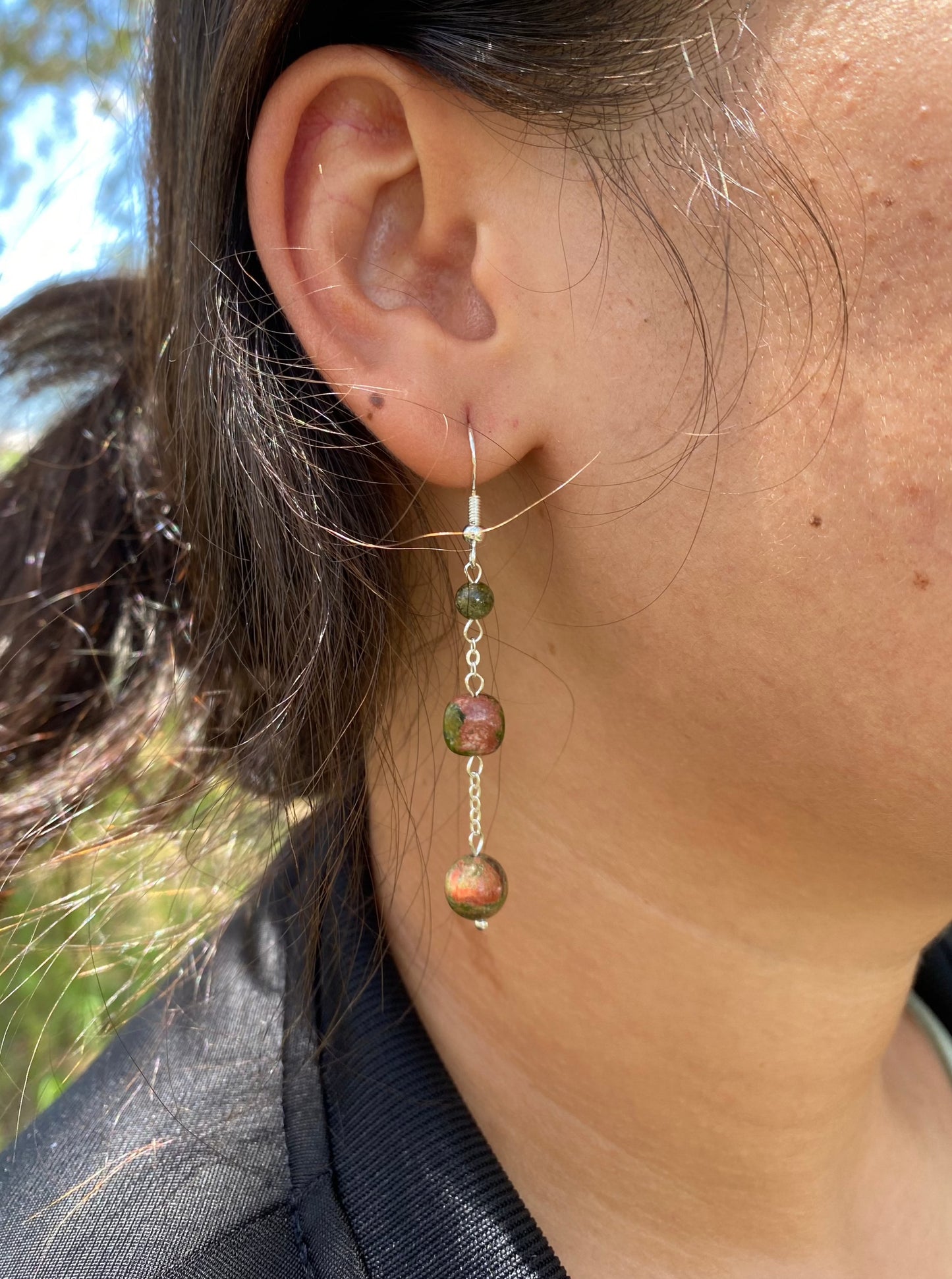 Green Garnet and Unakite Raindrop Earrings (3 Stones)