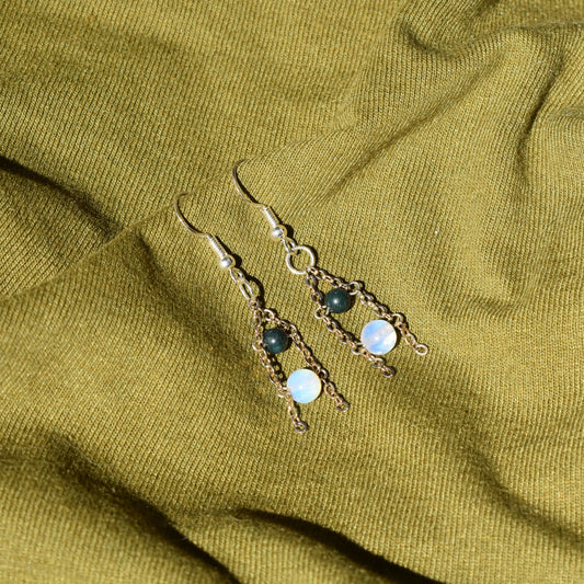 Moss Agate and Opalite Chandelier Earrings