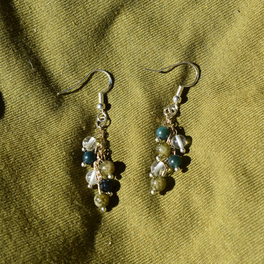 Moss Agate, Green Garnet, and Quartz Fairy Lights Earrings