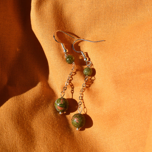 Green Garnet and Unakite Raindrop Earrings