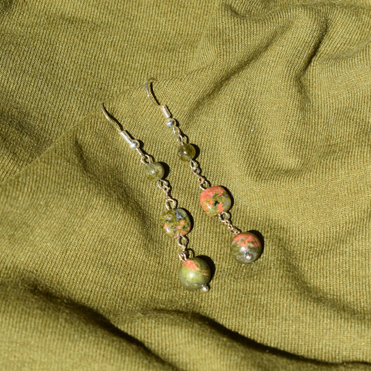 Green Garnet and Unakite Raindrop Earrings (3 Stones)