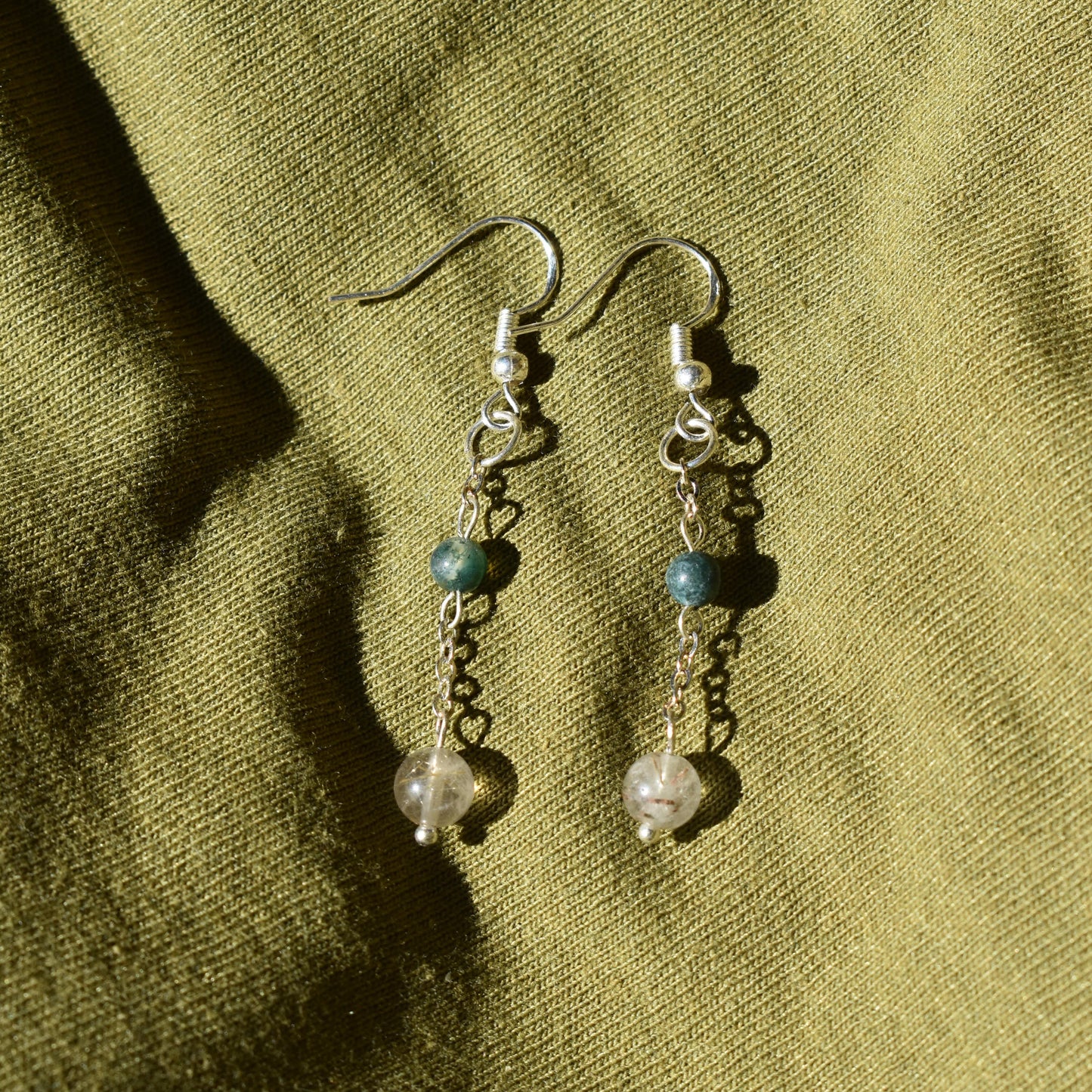 Moss Agate and Rutilated Quartz Raindrop Earrings