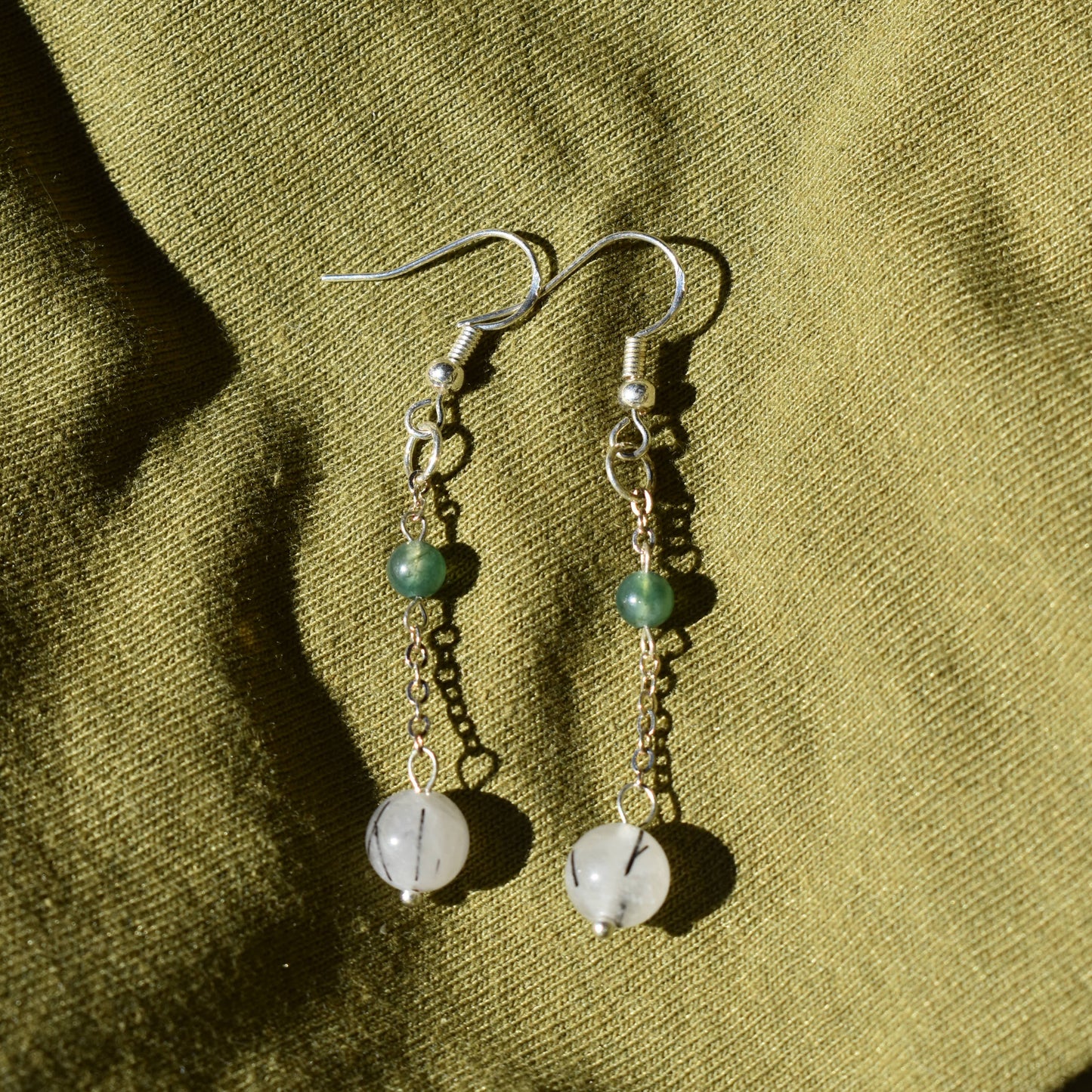 Moss Agate and Tourmalinated Quartz Raindrop Earrings