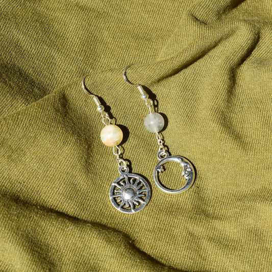 Citrine and Tourmalinated Quartz Raindrop Earrings with Sun and Moon Pendants