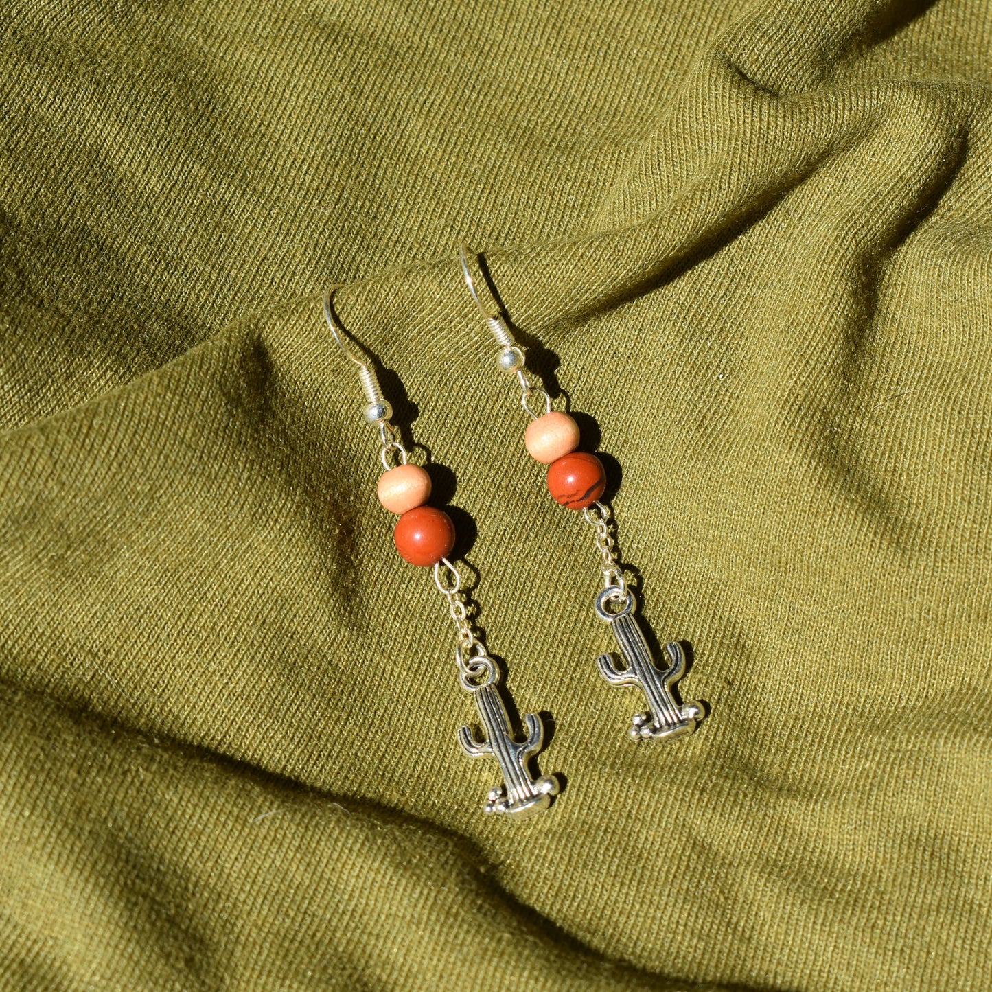 Red Jasper Raindrop Earrings with Cactus Pendant